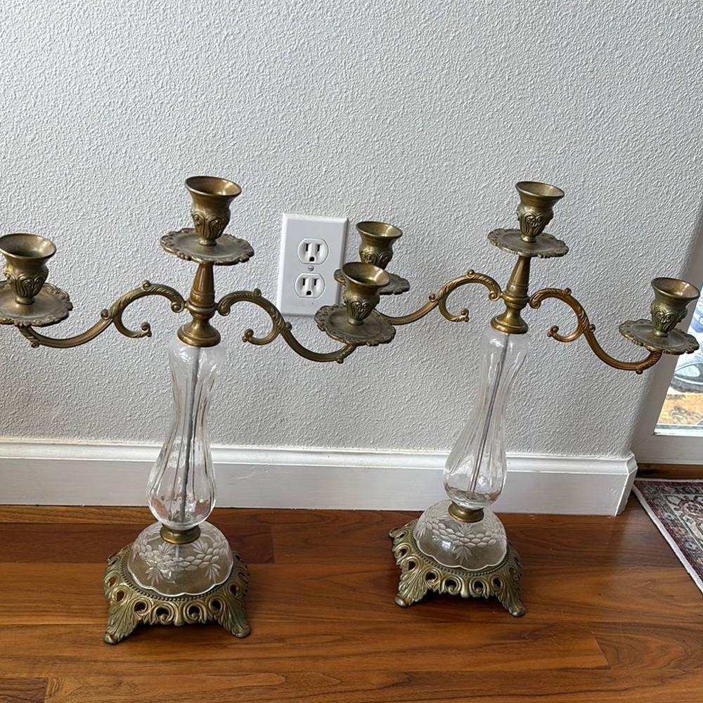 Elegant Brass and Glass Candelabra Set